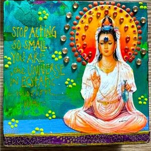 Kwan Yin Quan on canvas mixed media one of a kind wall art 4” x 4” Rumi quote